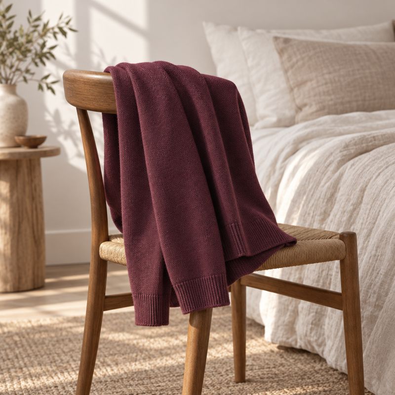 Oxblood knit draped over a wooden chair